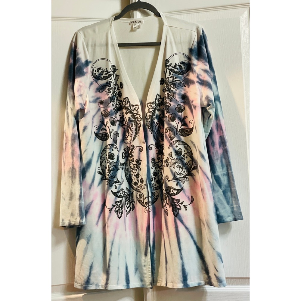 Venus Open Cardigan Jacket Womens‎ Sz 1X Plus Filigree Tie Dye Floral Boho Multi